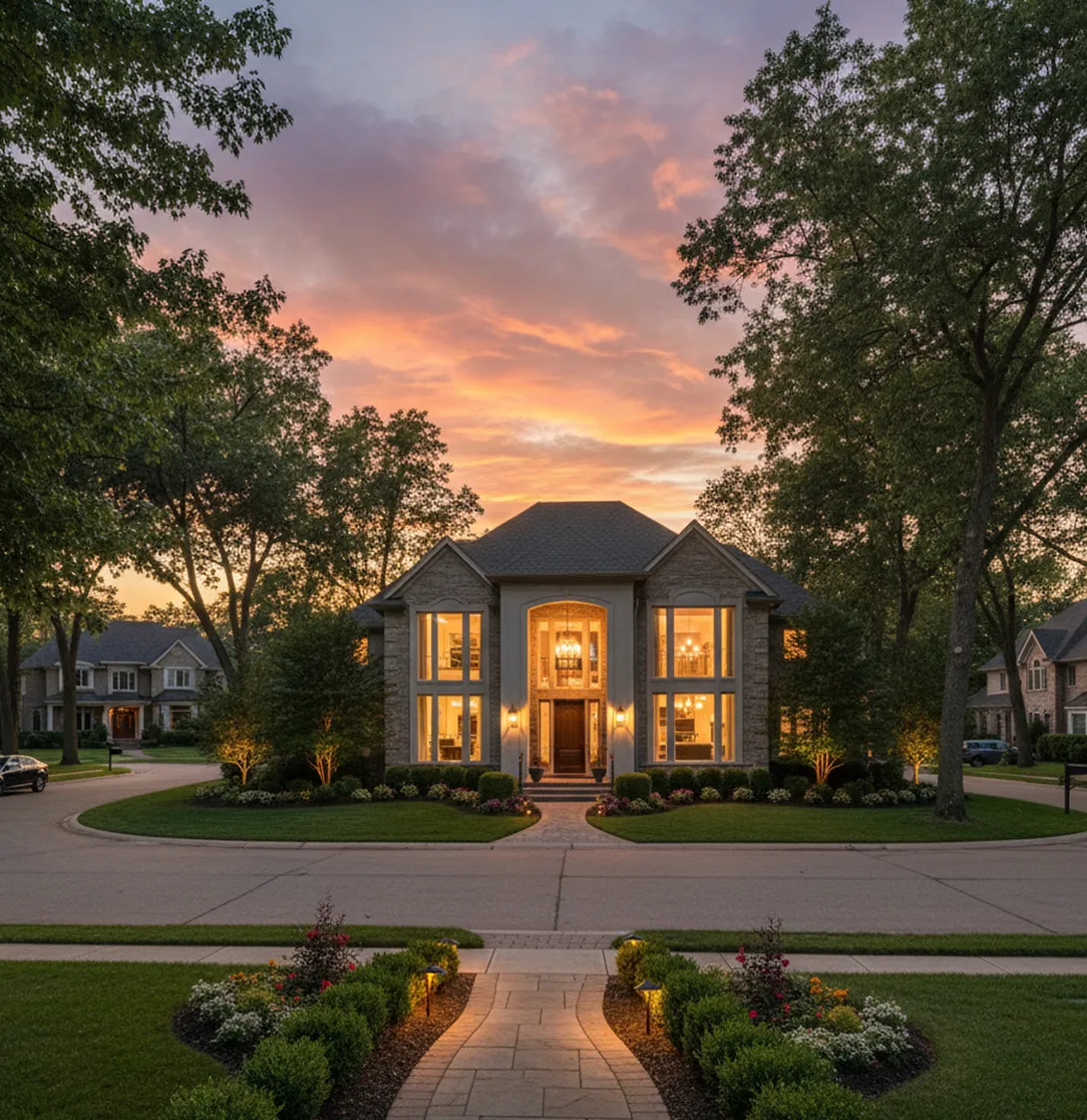 Two-story house with large windows and warm interior lighting at sunset, framed by trees and landscaped gardens.