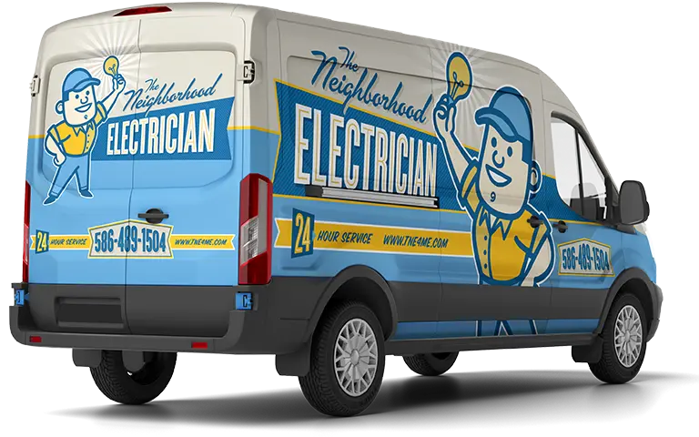 The Neighborhood Electrician service van with branded graphics and contact information - Electrical services in Macomb and Oakland County